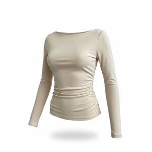 OGL Move Cream Boatneck Brami NWT | Built-In Bra Ruched Long Sleeve Fitted Top